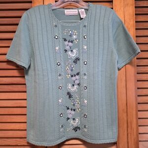 Alfred Dunner Embroidered Floral Knit Ribbed Short Sleeve Aqua Women's Size PM